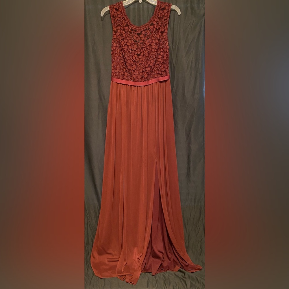 David's Bridal Wine Chianti Lace Bodice A-line Bridesmaid Dress